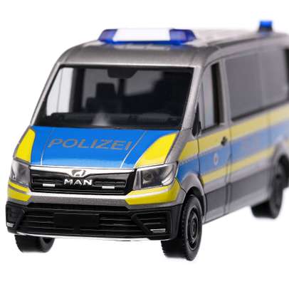MAN TGE Bus FD Polizei Wiesbaden, macheta autospeciala, scara 1:87, gri cu albastru si galben, Herpa